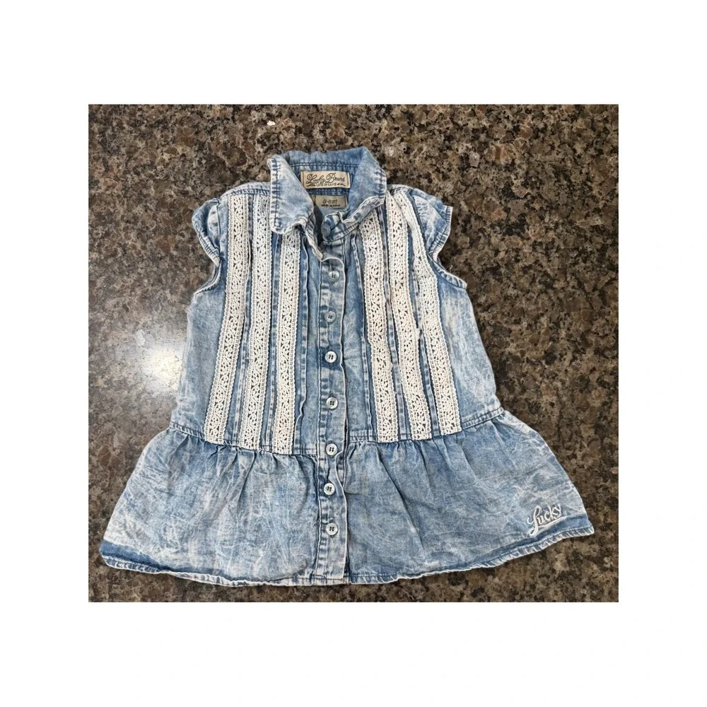 Lucky Brand Baby Girl Acid Wash Denim Lace Crochet Sleeveless Dress 3-6‎ Months